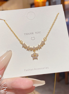 秋季新款满钻花朵钛钢项链女小众高级感锁骨链ins风简约甜美吊坠