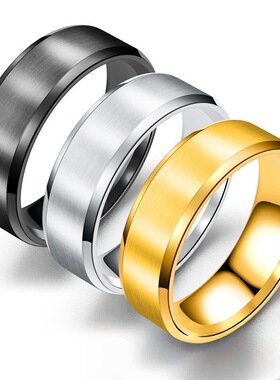 双斜边戒指男女哑光拉丝欧美8毫米M宽不锈钢潮男简约钛钢饰品