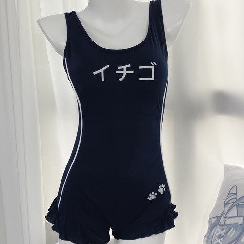 小亚哥 经典藏青色颜文字泳衣 学生花边款 常规款连体衣8044-8067 - 图2