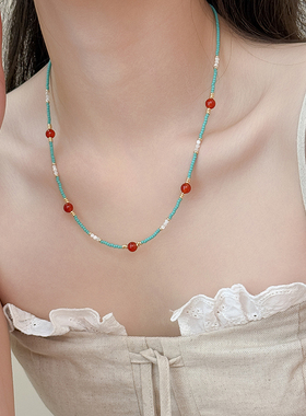 中式复古绿松石串珠红色玛瑙项链