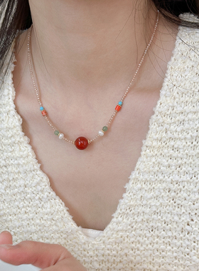 淡水珍珠天然石红色玛瑙串珠项链