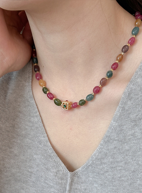 百搭彩色天然石多巴胺串珠项链