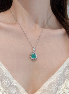 方形锆石绿色冰裂宝石吊坠项链