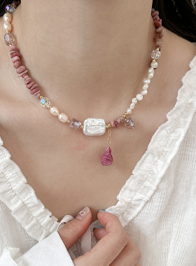 淡水珍珠紫色天然石水晶串珠项链