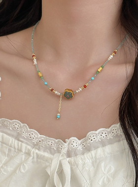 梅花玉髓天然石串珠淡水珍珠项链