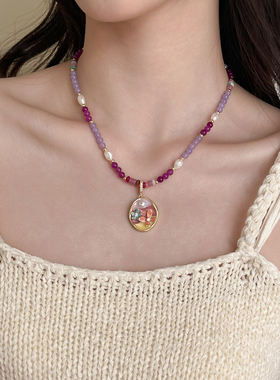 紫色天然石串珠吊坠淡水珍珠项链
