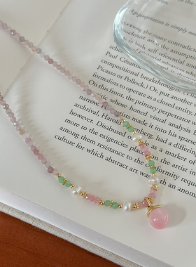 淡水珍珠粉色天然石串珠吊坠项链