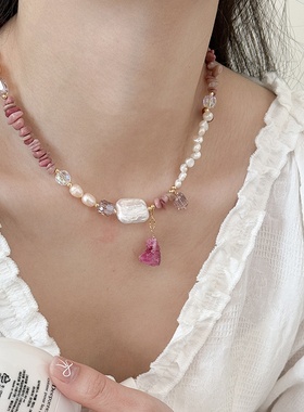 淡水珍珠紫色天然石水晶串珠项链