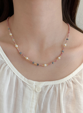 简约紫色天然石淡水珍珠串珠项链