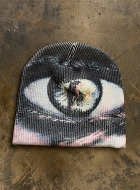 古早迷幻艺术大眼满印针织冷帽亚文化复古人像眼球印花毛线帽秋冬