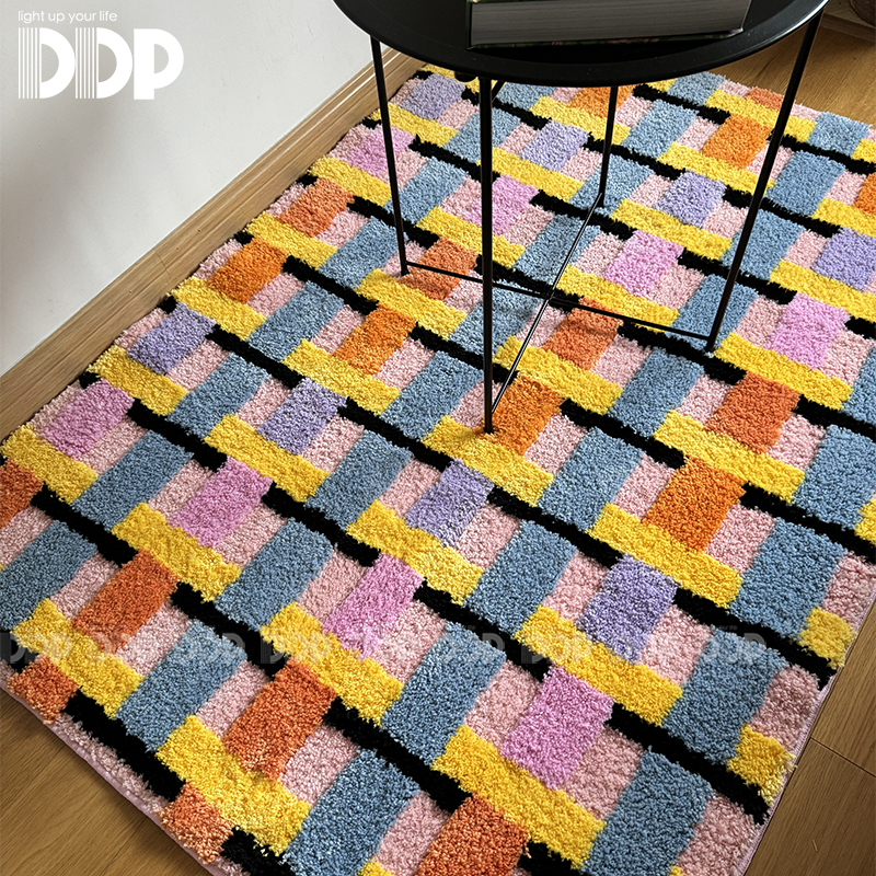 DDP原创多巴胺彩色韩式时尚复古格纹条纹卧室客厅衣帽间簇绒地毯 - 图1