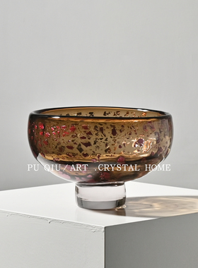 现代茶色碎金箔玻璃花碗花瓶高级感客厅酒水柜餐桌装饰插花器摆件