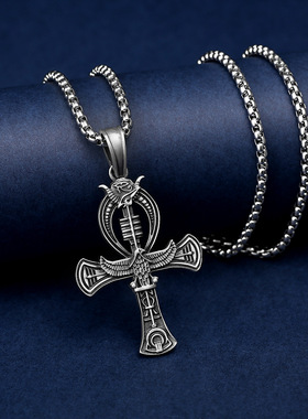 古埃及象形文字死者转生符号吊坠十字章男士项链复古钛钢嘻哈项链