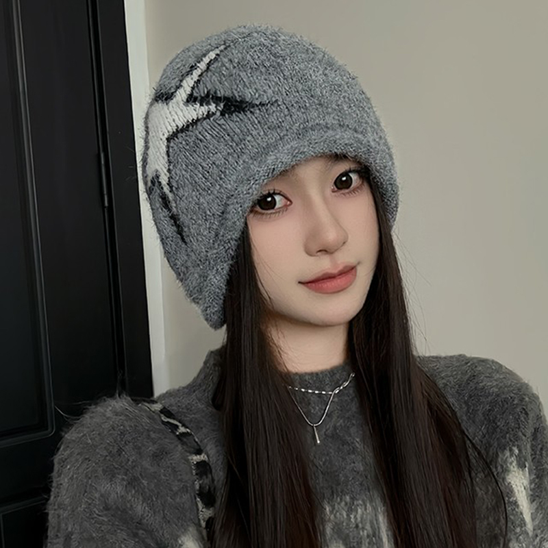 美式辣妹星星卷边针织堆堆帽子女2025新款秋冬保暖显脸小毛线冷帽 - 图0