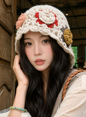 民族风花朵针织护耳帽女秋冬保暖