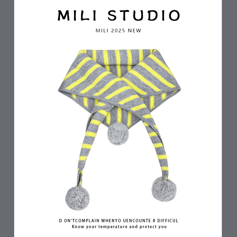 2025新款韩版可爱球球红色条纹三角围巾女秋冬保暖百搭披肩围脖潮,淘宝优惠券,粉丝福利购,淘宝优惠卷