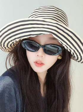 黑米条纹大帽檐渔夫帽子女夏季