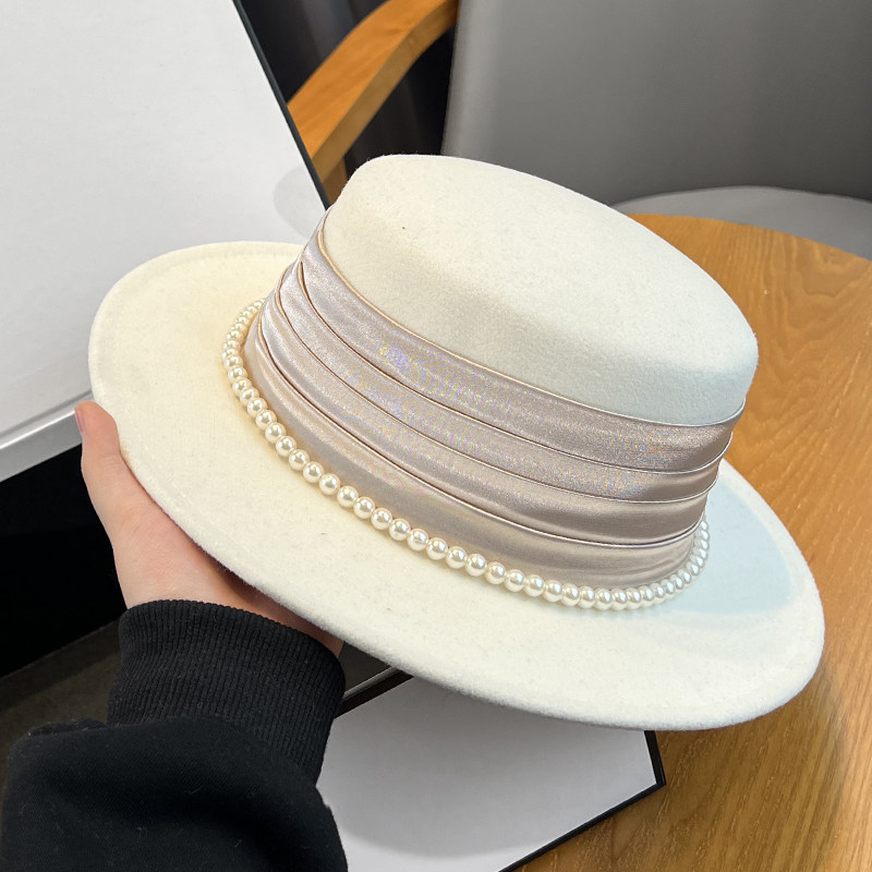秋冬法式赫本风褶皱珍珠平顶礼帽子女百搭优雅名媛风英伦爵士帽潮,淘宝优惠券,粉丝福利购,淘宝优惠卷