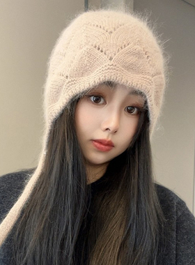 韩版纯色兔毛百搭针织帽子女秋冬