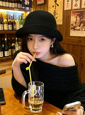 法式赫本风黑色羊毛保暖礼帽女