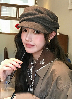 日系慵懒风褶皱贝雷帽子女秋冬季