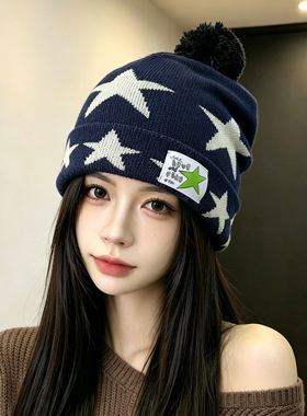 美式复古星星提花护耳针织帽女