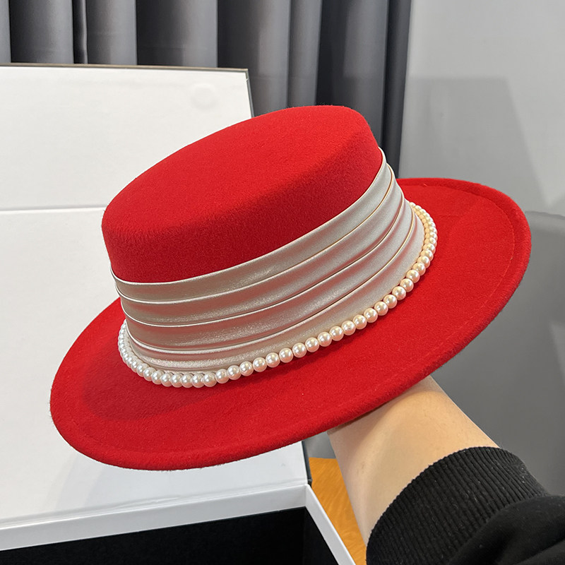 秋冬法式赫本风褶皱珍珠平顶礼帽子女百搭优雅名媛风英伦爵士帽潮,淘宝优惠券,粉丝福利购,淘宝优惠卷