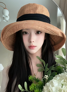日系棉麻翻边大帽檐防晒渔夫帽女