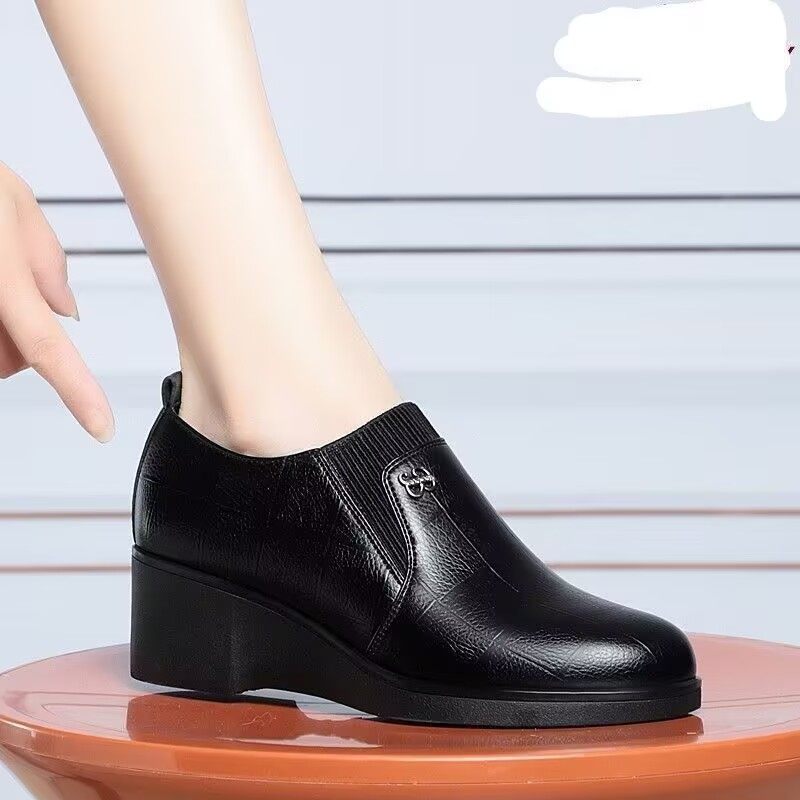 新款单鞋深口软皮软底坡跟鞋女松紧套脚圆头粗跟工作鞋女式皮鞋,淘宝优惠券,粉丝福利购,淘宝优惠卷