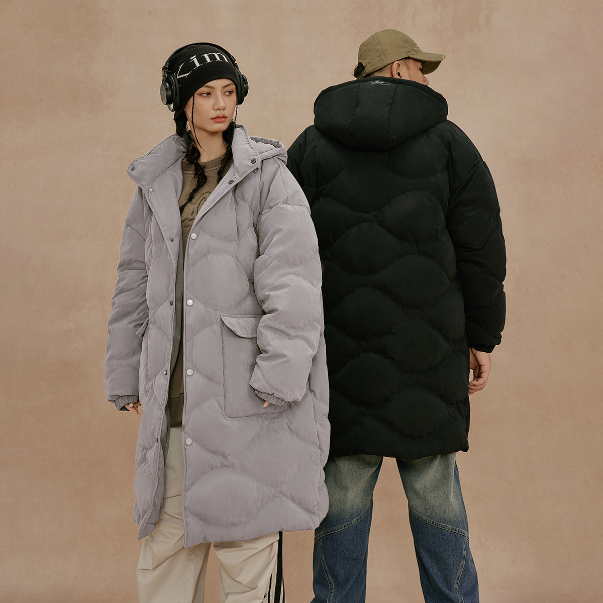 NMAX大码潮牌男装冬新品桃皮绒连帽羽绒服菱形格填充绒感外套 - 图1