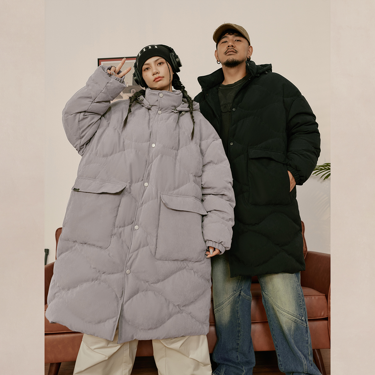 NMAX大码潮牌男装冬新品桃皮绒连帽羽绒服菱形格填充绒感外套 - 图2