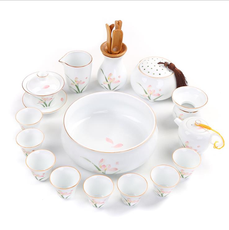 手绘茶具套装家用中式复古办公会客德化白瓷整套功夫茶杯茶海盖碗