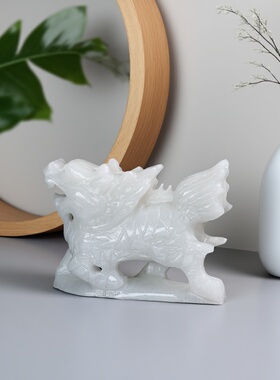 天然汉白玉动物麒麟摆件一对中式家居客厅书房桌面装饰品礼品摆设