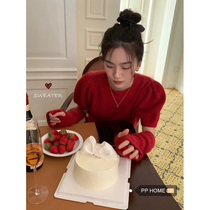 PPHOME New Years red vintage hand fingertip sleeves soft glutinous rabbit hair 100 hitch round neckline headsets Bubble Sleeves sweaters