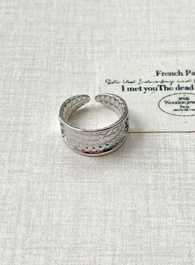 韩版锤纹素戒指女宽版开口可调节小众设计百搭个性潮陨石坑活口戒