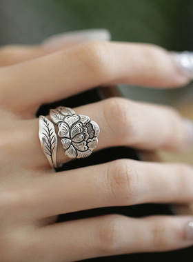 小众设计感复古国风牡丹花戒指女新款旺财运招财开口可调节食指戒