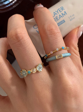 冰川薄荷超显白贝母珐琅蓝色戒指女小众设计食指戒轻奢感指环