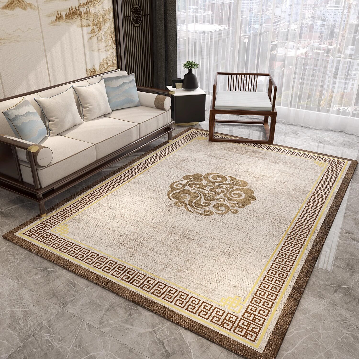 新中式客厅地毯轻奢大面积全铺家用客厅新款卧室床边毯入户门地垫