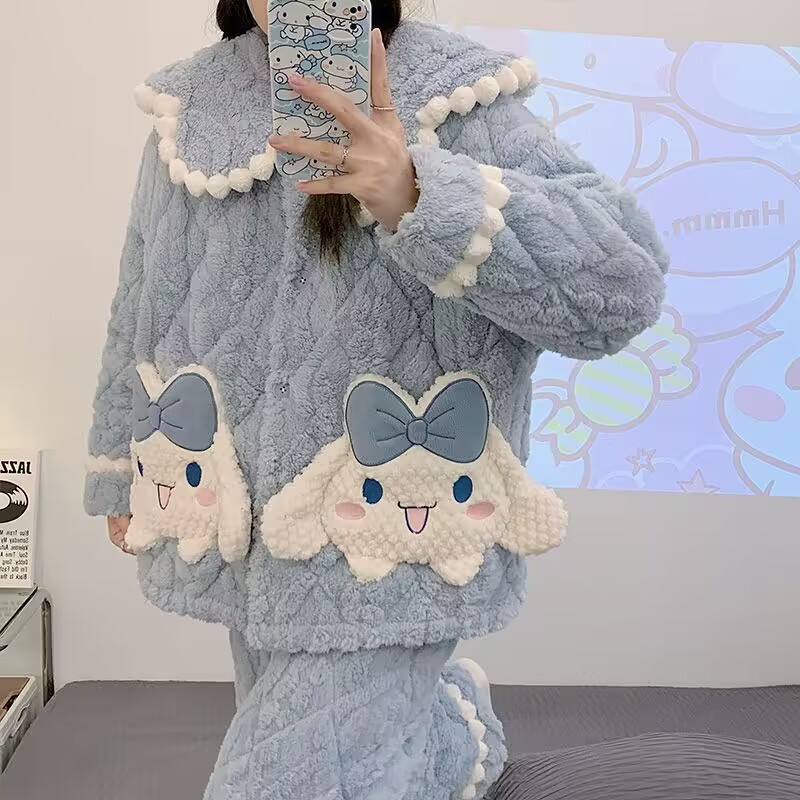 冬季珊瑚绒睡衣女三层加厚加绒夹棉秋冬法兰绒棉袄可爱家居服套装 - 图3