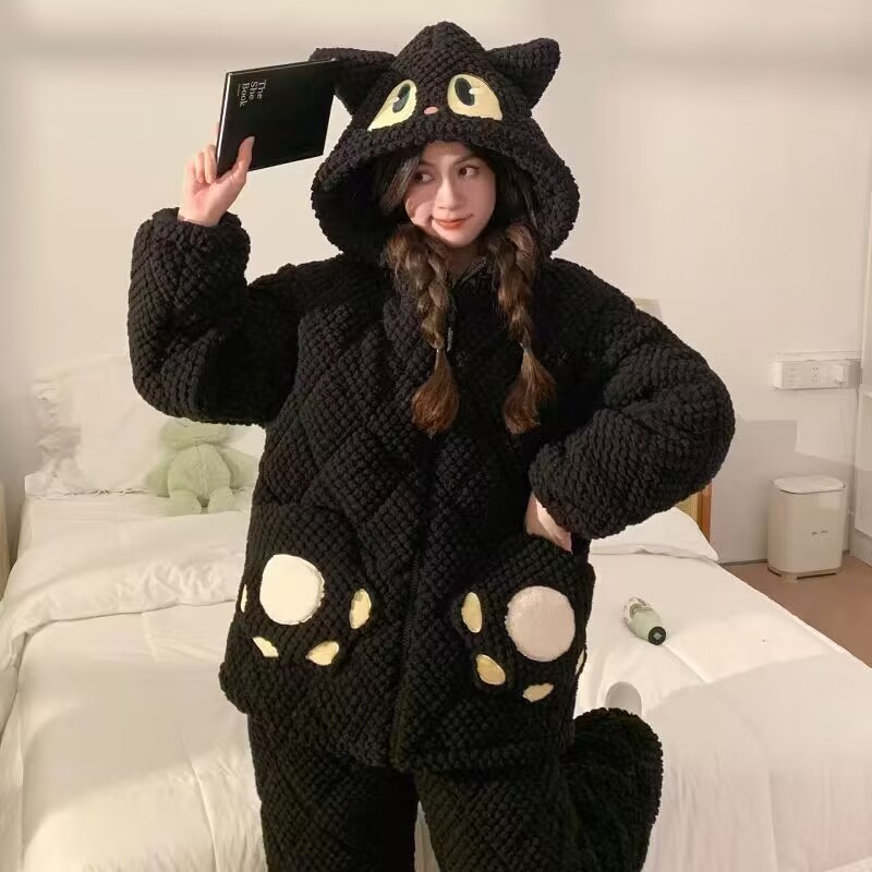 冬季珊瑚绒睡衣女三层加厚加绒夹棉秋冬法兰绒棉袄可爱家居服套装 - 图1