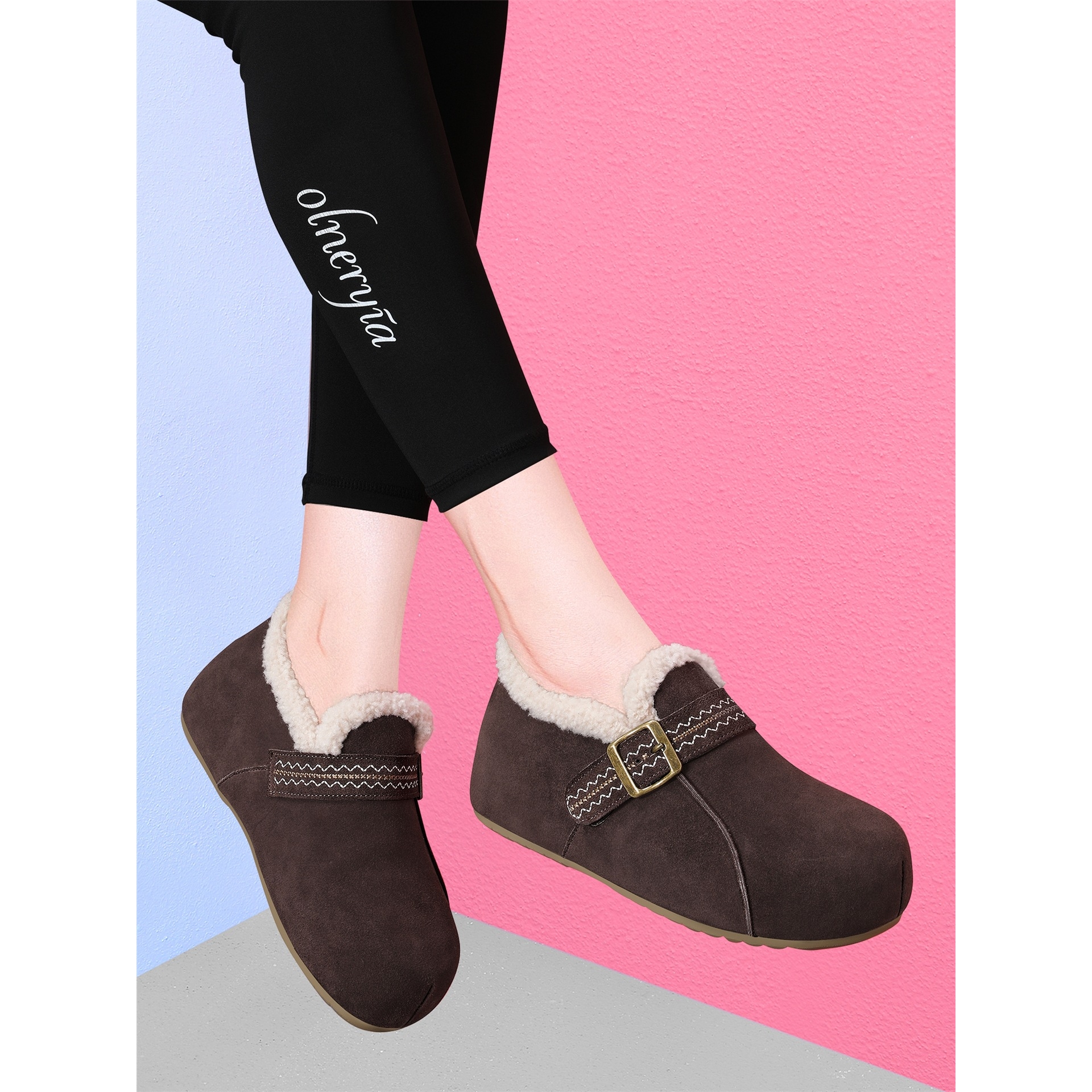 真皮勃肯鞋女加绒冬季新款羊羔毛皮带扣棉鞋一脚蹬防滑厚底乐福鞋 - 图0