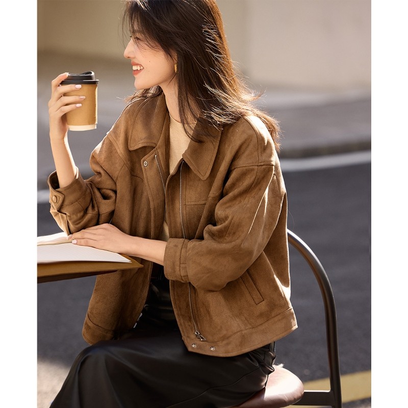 奥特莱斯大牌外贸清仓气质柔软麂皮绒短款外套女春秋百搭休闲夹克,淘宝优惠券,粉丝福利购,淘宝优惠卷