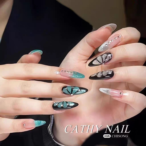 纯手工美甲辣妹蝴蝶美甲猫眼闪亮鸳鸯蹦迪欧美法式穿戴甲 - 图0