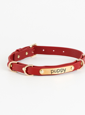 纯银项圈女m刻字的一字牌D环朋克项圈男m女m定制颈环真皮牛皮