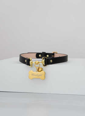 白黑色铃铛项圈女颈带带牵引绳定制刻字女m真皮