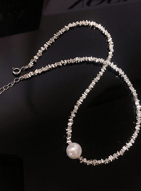 碎银珍珠项链女潮流气质颈链小众设计高感轻奢银锁骨链百搭闺蜜款