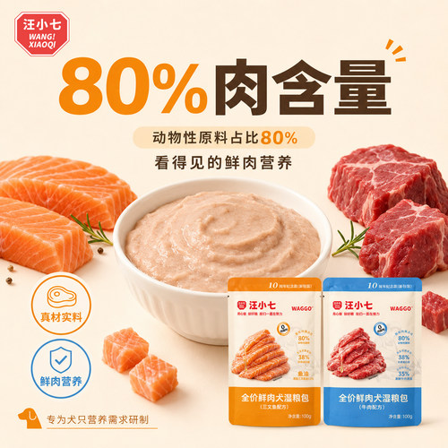 汪小七湿粮自制狗粮妙鲜狗罐头拌饭零食泰迪金毛成幼犬100g*40包 - 图0