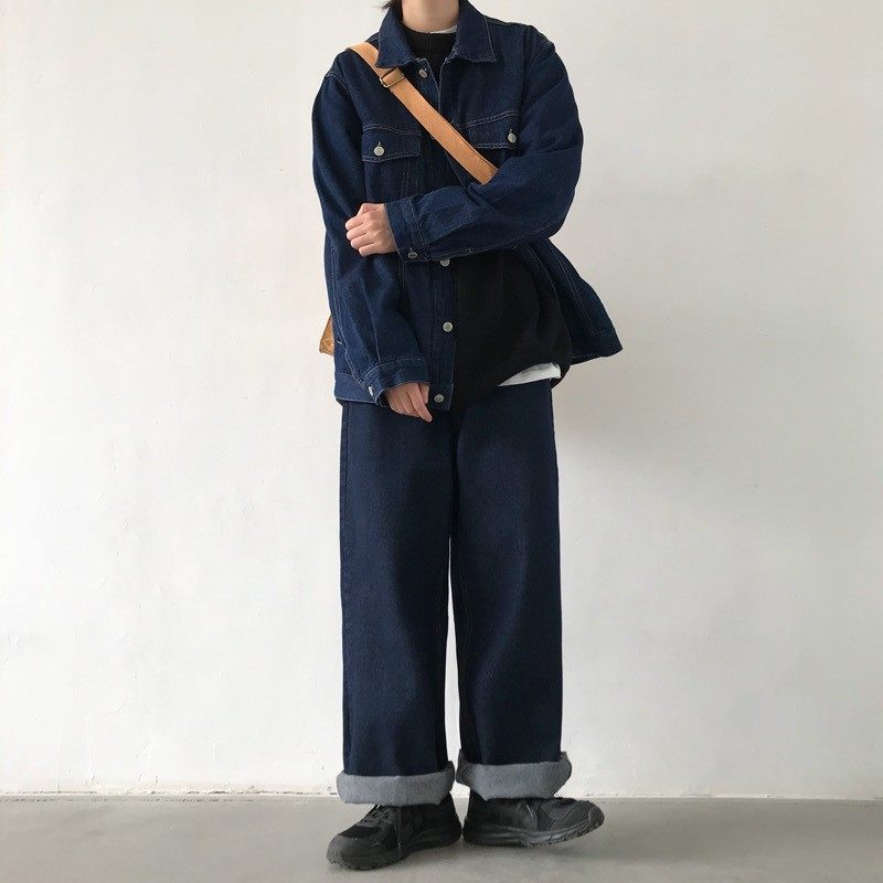 日系复古深蓝色牛仔外套男痞帅秋季潮宽松大码新款休闲夹克牛仔衣,淘宝优惠券,粉丝福利购,淘宝优惠卷