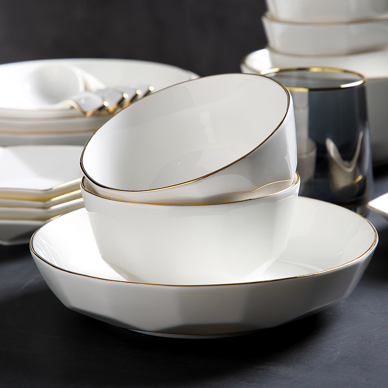 金边骨瓷碗盘碟套装 家用网红餐具ins北欧创意简约陶瓷碗筷盘组合 - 图0