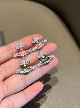 微镶锆石治愈橄榄绿色粉色珐琅钻星球耳钉土星耳环春夏新款耳饰女